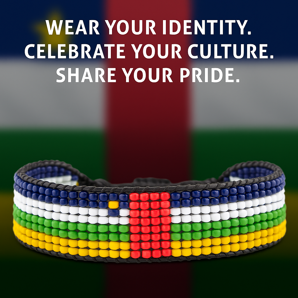 Central Africa Republic Flag Bracelet:  Handmade, Adjustable Beaded String Wristband
