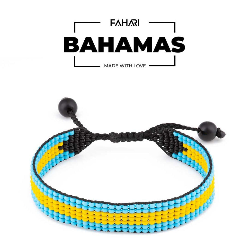 Bahamas Flag Bracelet: Handmade Bracelet, Adjustable Beaded String with Patriotic Design.