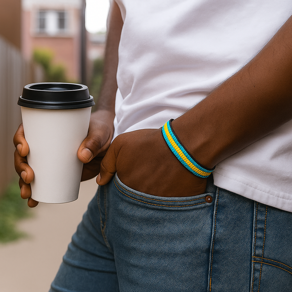 Bahamas Flag Bracelet: Handmade Bracelet, Adjustable Beaded String with Patriotic Design.