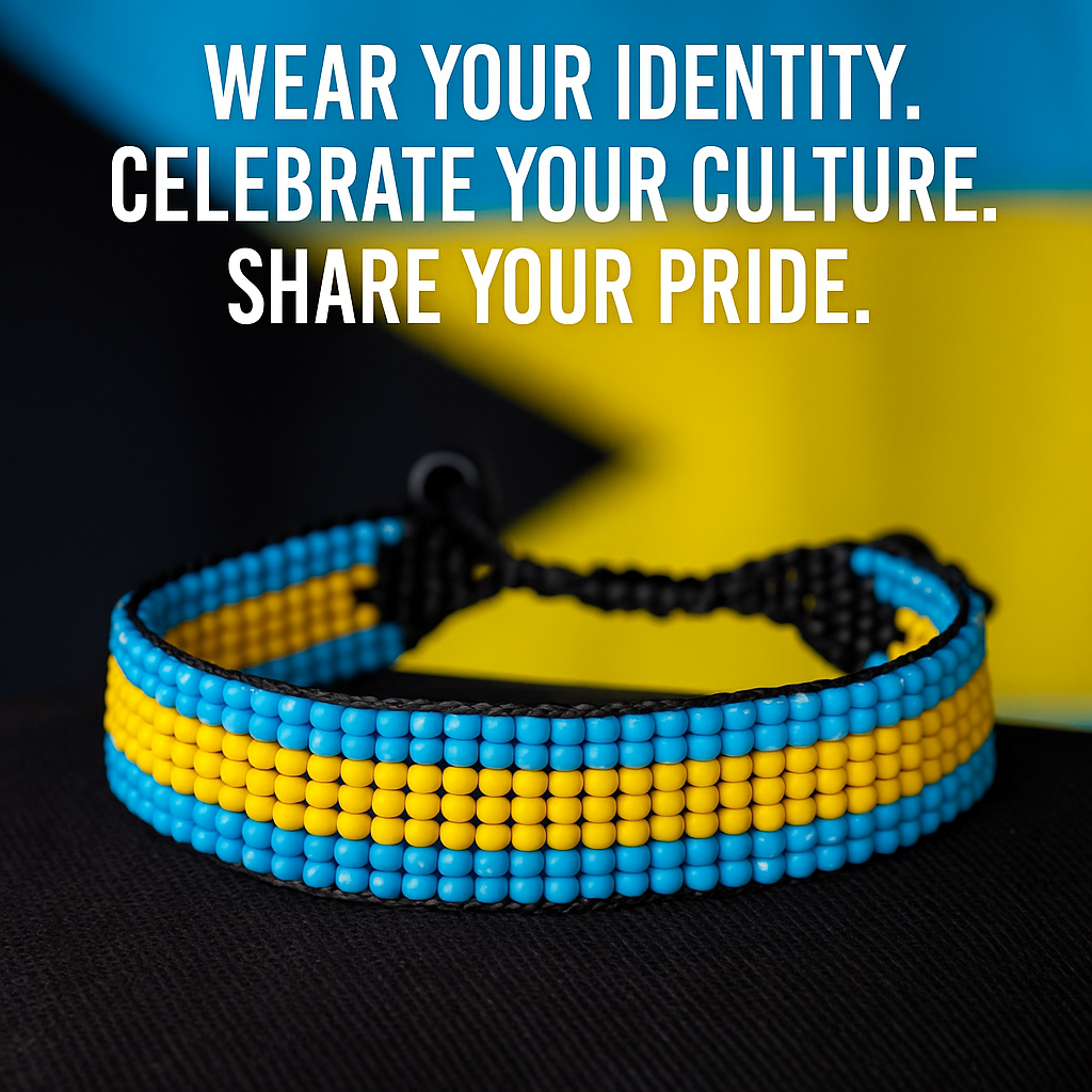 Bahamas Flag Bracelet: Handmade Bracelet, Adjustable Beaded String with Patriotic Design.