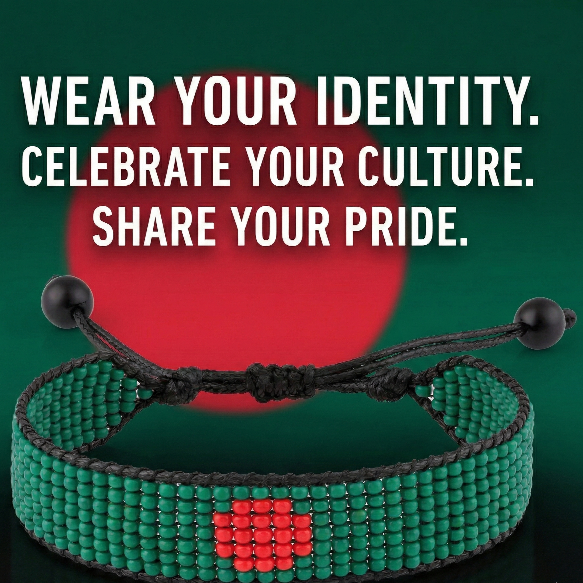 Bangladesh Flag Bracelet: Handmade Beaded, Adjustable String Bracelet
