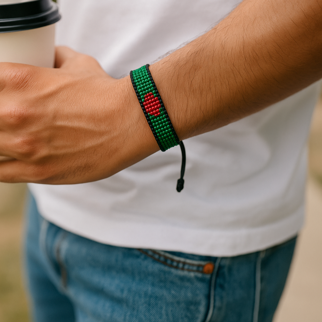 Bangladesh Flag Bracelet: Handmade Beaded, Adjustable String Bracelet