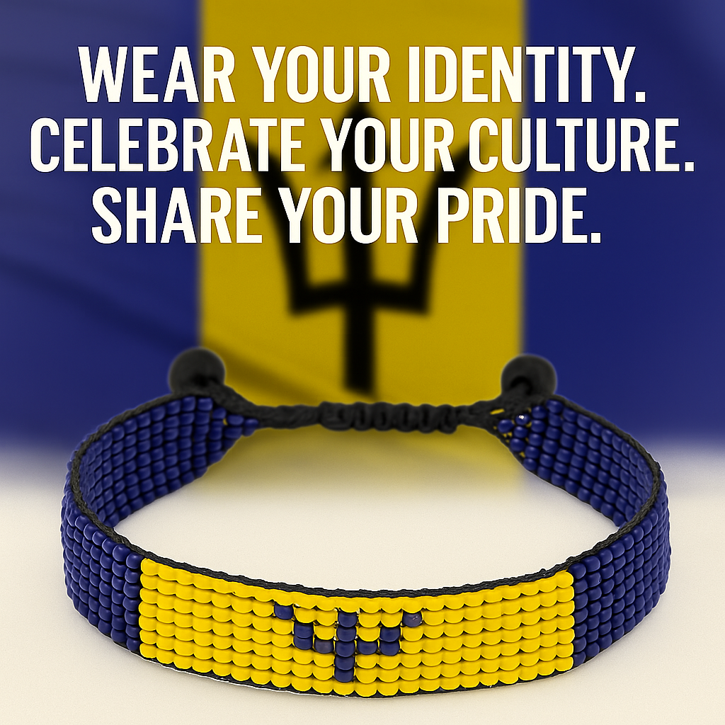 Barbados Flag Bracelet: Handmade Bracelet, Adjustable Beaded String with Patriotic Design