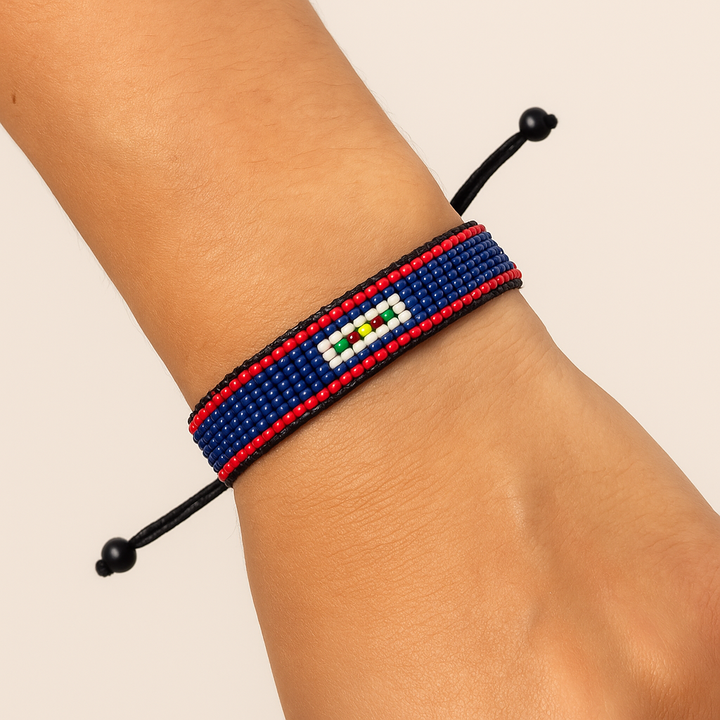 Belize Flag Bracelet: Handmade, with Adjustable Beaded String.