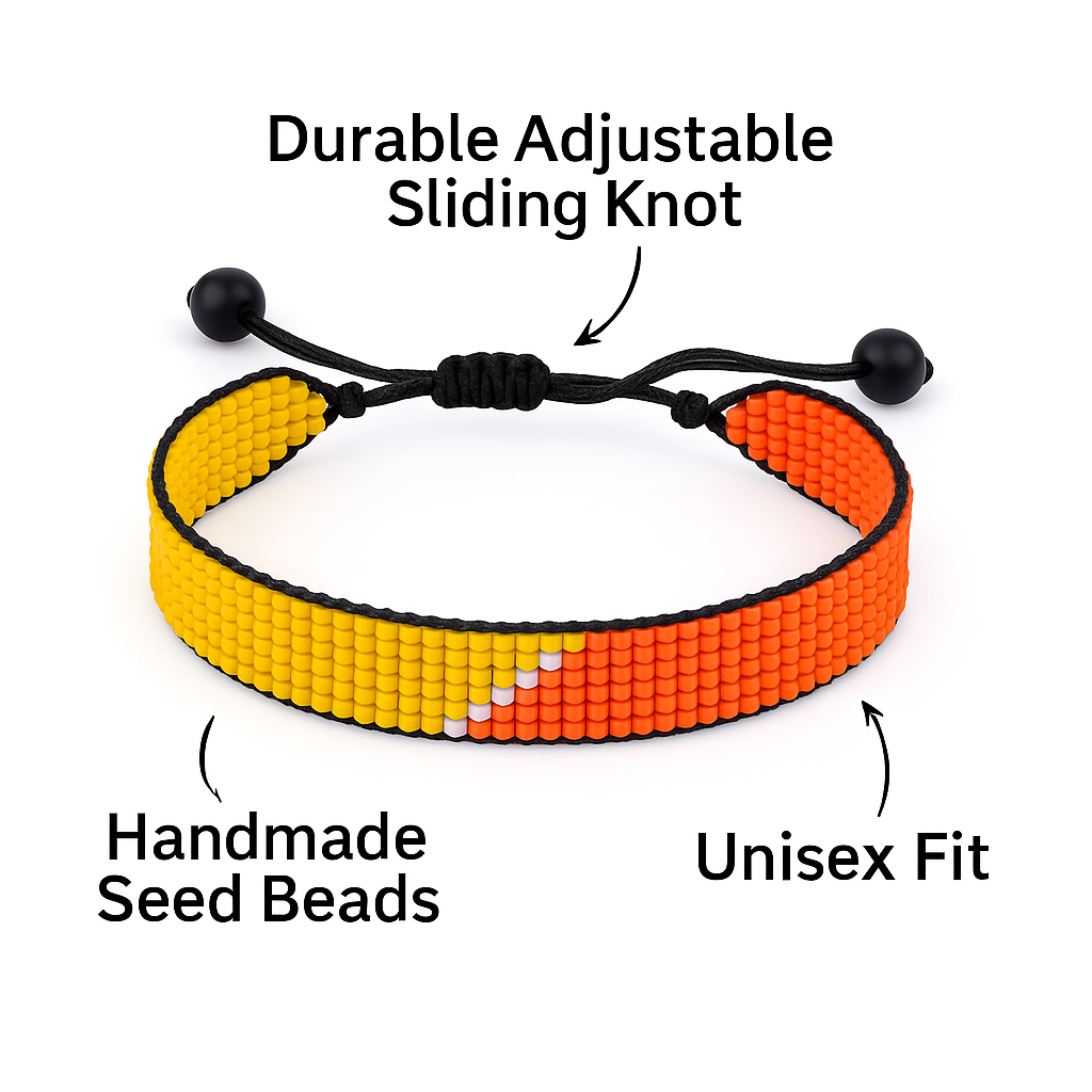 Bhutan Flag Bracelet: Handmade Bracelet, Adjustable Beaded String with Patriotic Design