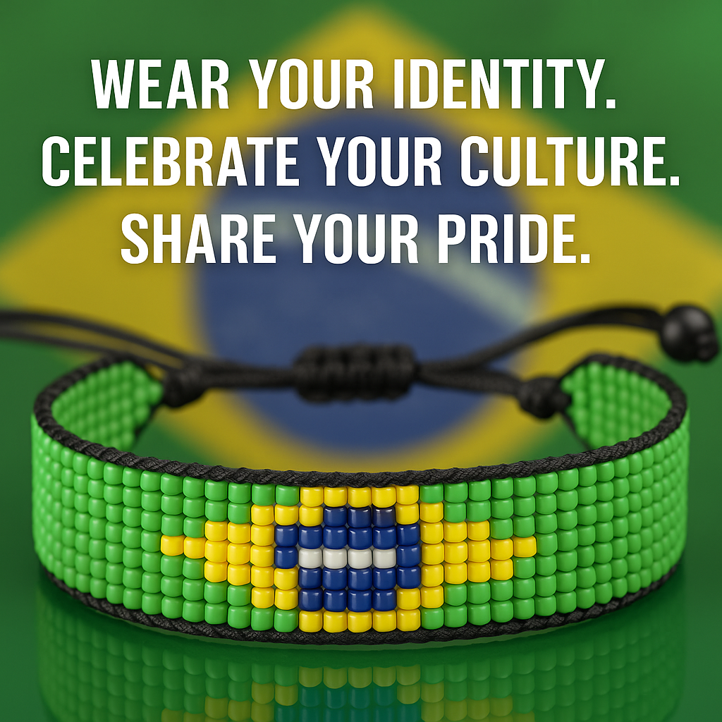 Brazil Flag Bracelet: Handmade Bracelet, Adjustable Beaded String with Patriotic Design