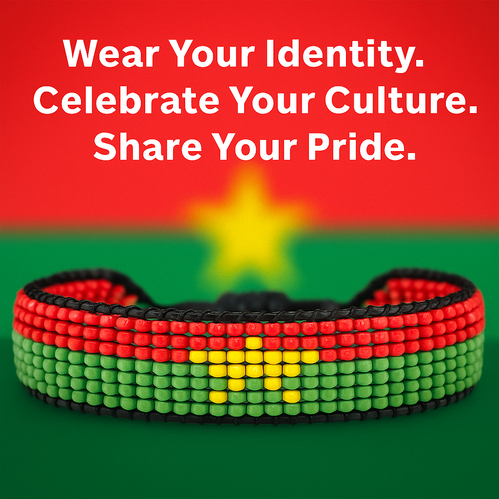 Burkina Faso Flag Bracelet:   Handmade, Adjustable Beaded String Wristband