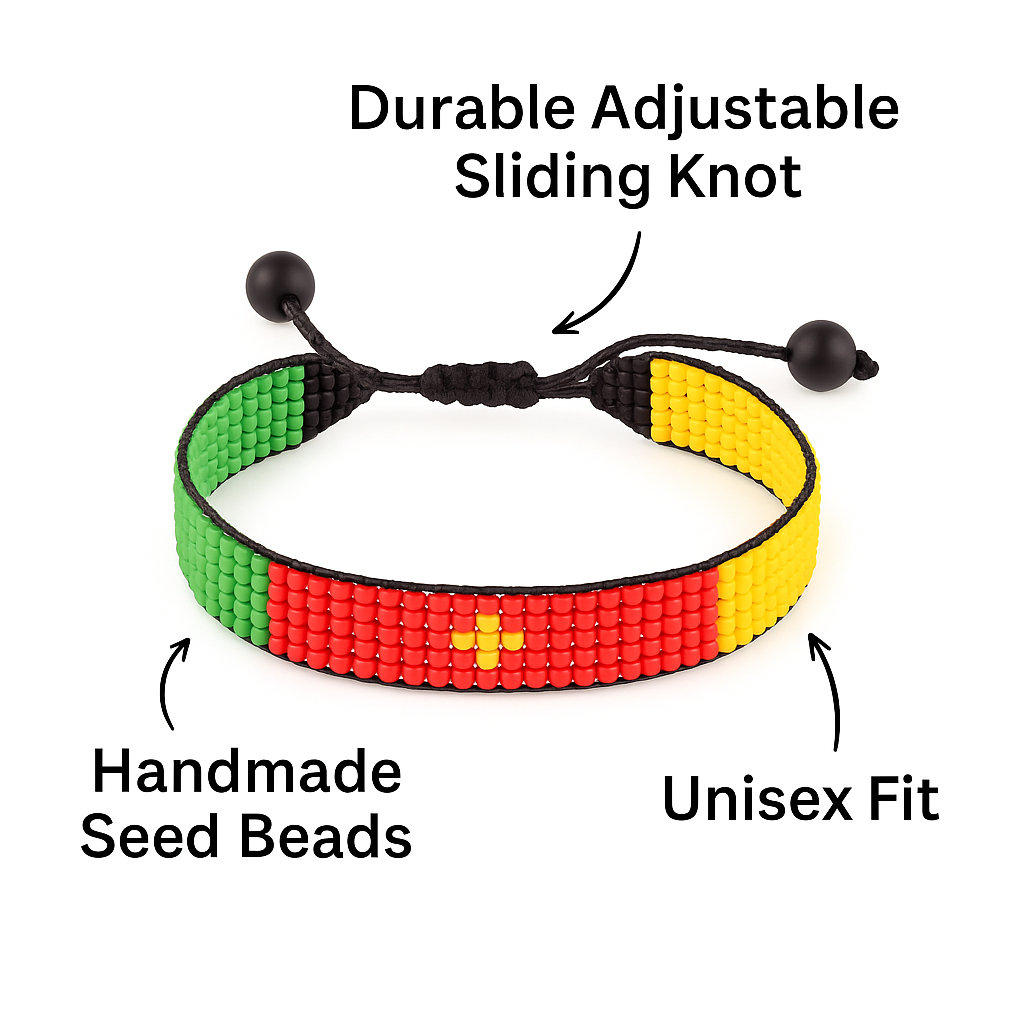 Cameroon Flag Bracelet: Handmade, Adjustable Beaded String Wristband