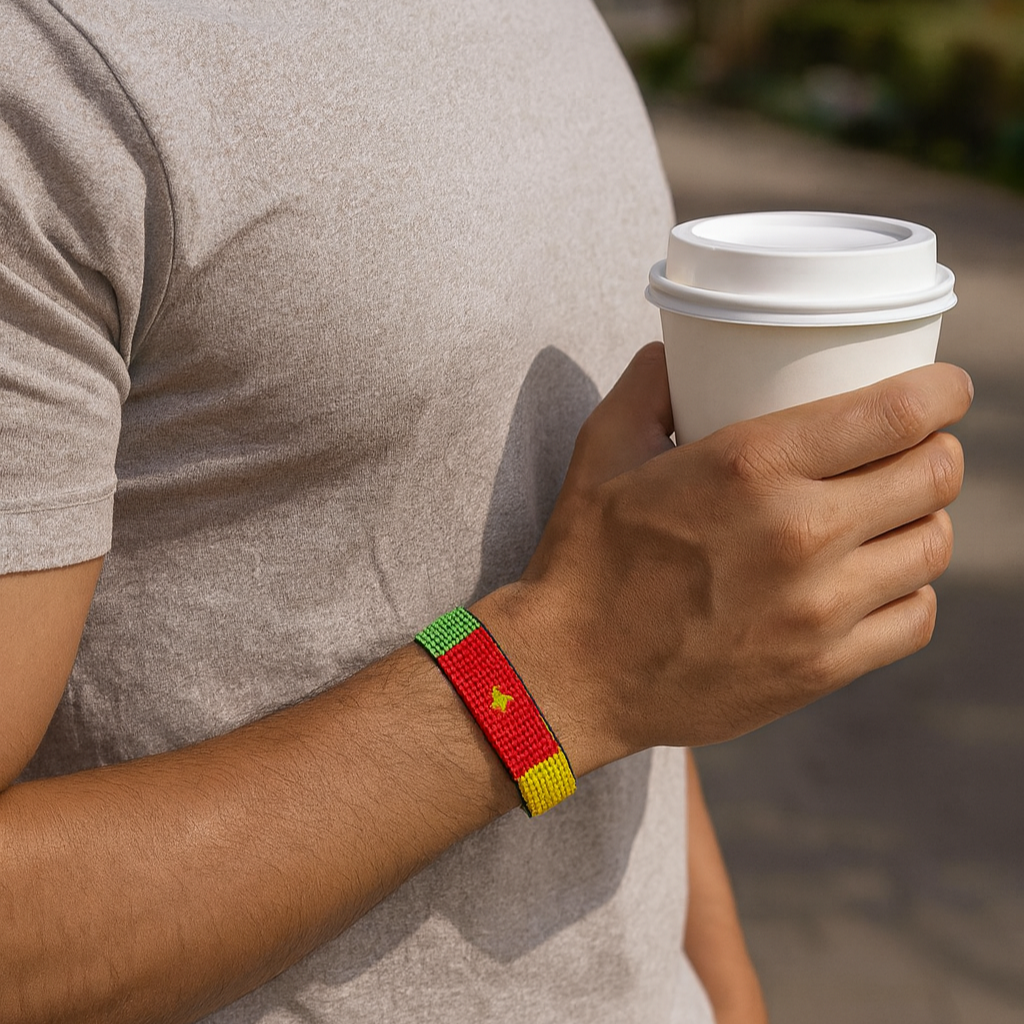 Cameroon Flag Bracelet: Handmade, Adjustable Beaded String Wristband
