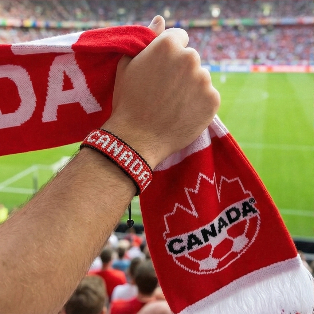 Fußball-WM 2026 Kanada Perlenarmband mit Flagge – Handgemacht & Verstellbar