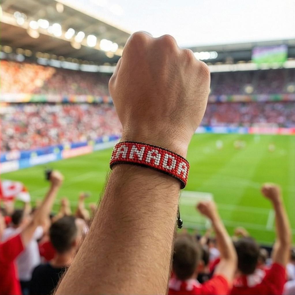 Fußball-WM 2026 Kanada Perlenarmband mit Flagge – Handgemacht & Verstellbar