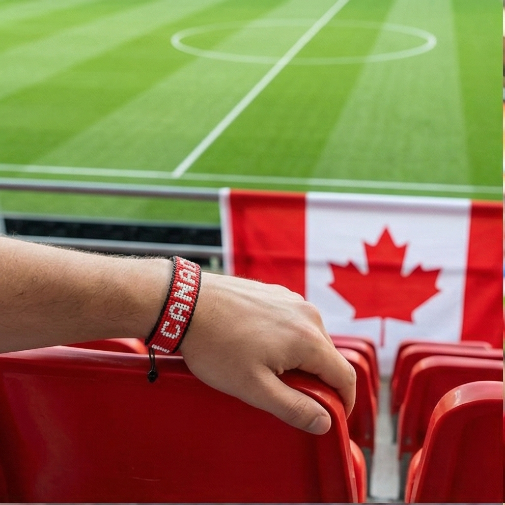 Fußball-WM 2026 Kanada Perlenarmband mit Flagge – Handgemacht & Verstellbar