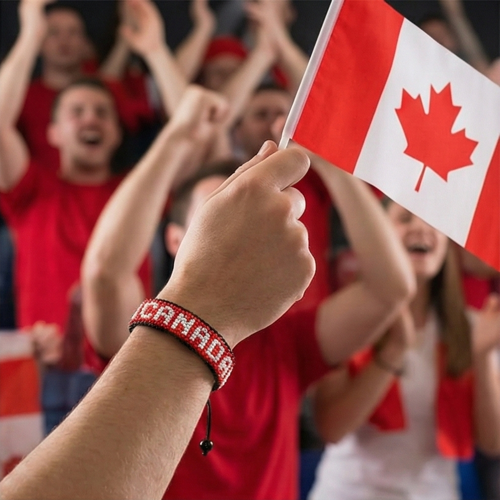 Fußball-WM 2026 Kanada Perlenarmband mit Flagge – Handgemacht & Verstellbar