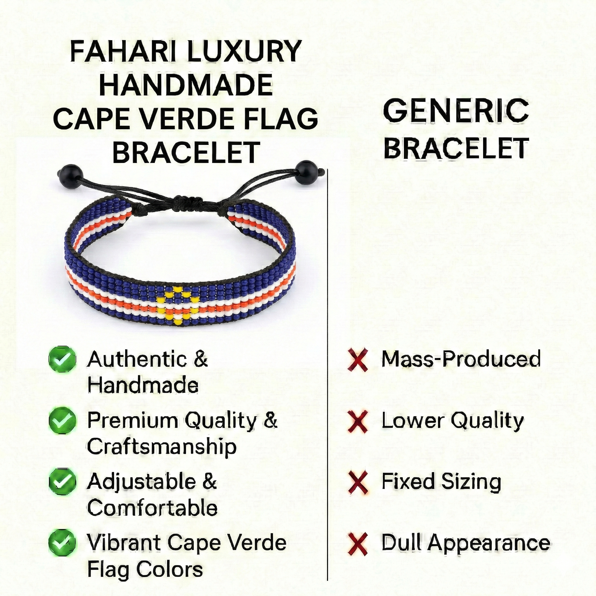 Cape Verde Flag Bracelet: Handmade, Adjustable Beaded Wristband