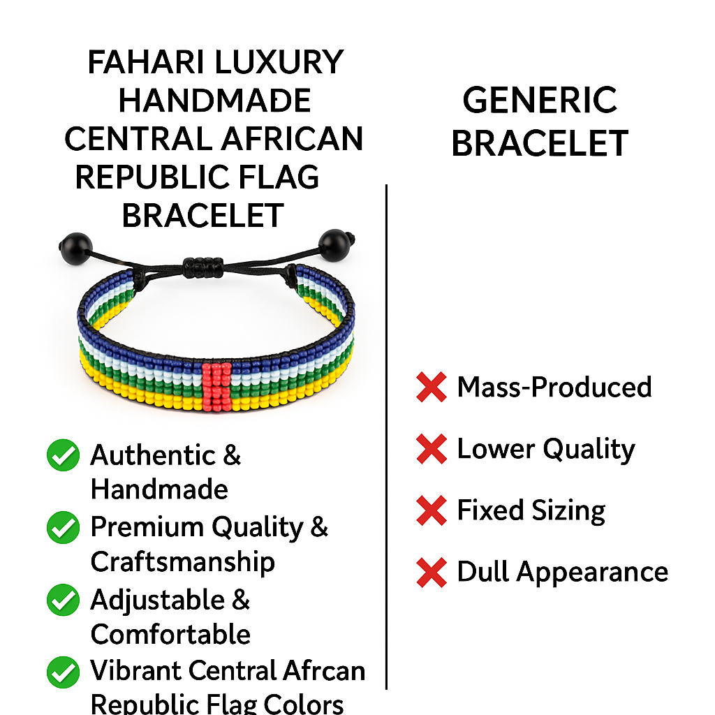 Central Africa Republic Flag Bracelet:  Handmade, Adjustable Beaded String Wristband