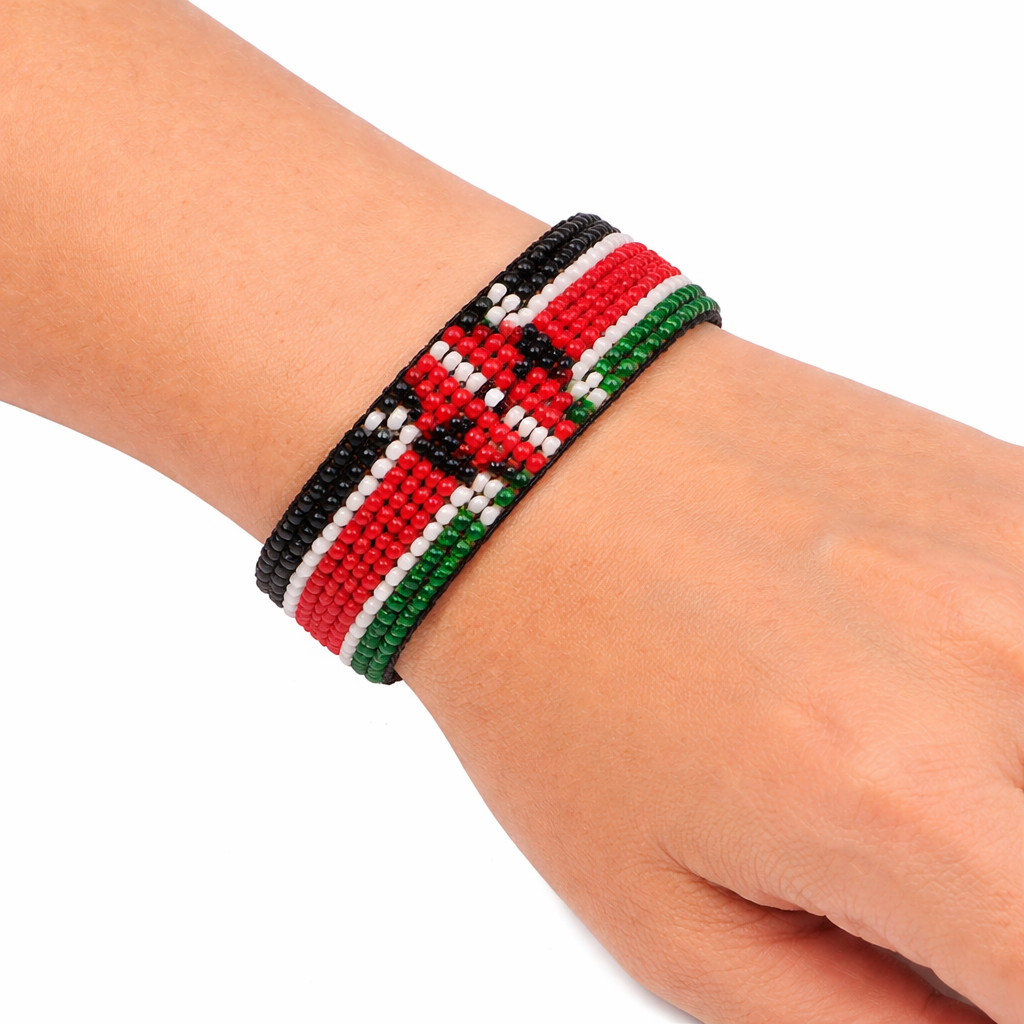 Bracelet perlé drapeau du Kenya - Ajustable et extensible, parfait pour les adolescents et les adultes aux poignets plus fins