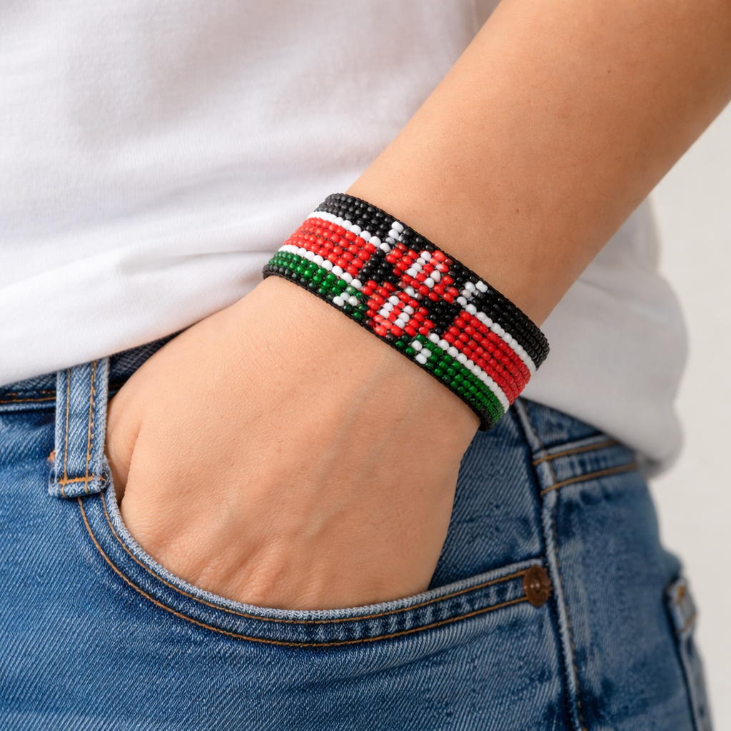 Bracelet perlé drapeau du Kenya - Ajustable et extensible, parfait pour les adolescents et les adultes aux poignets plus fins