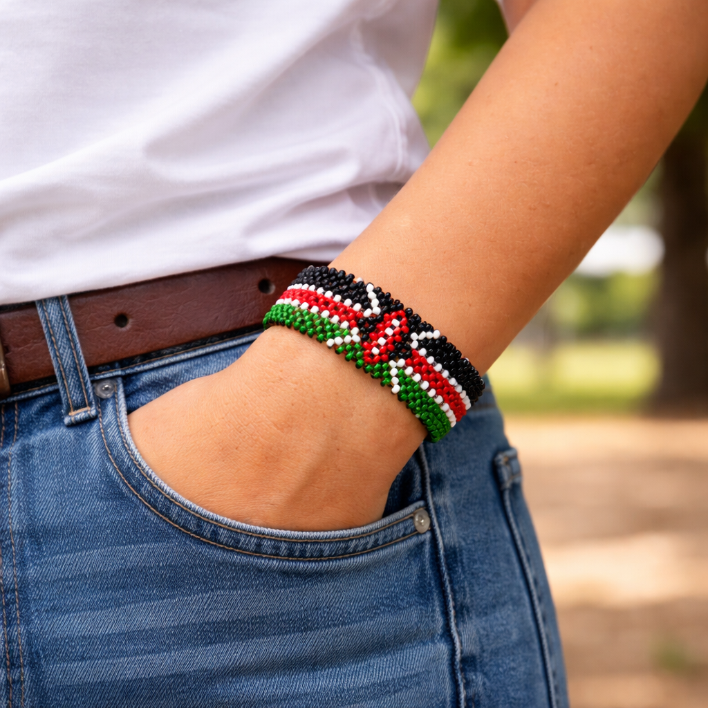 Bracelet perlé drapeau du Kenya – Extensible, Durable, Bracelet drapeau – Montrez votre fierté kenyane