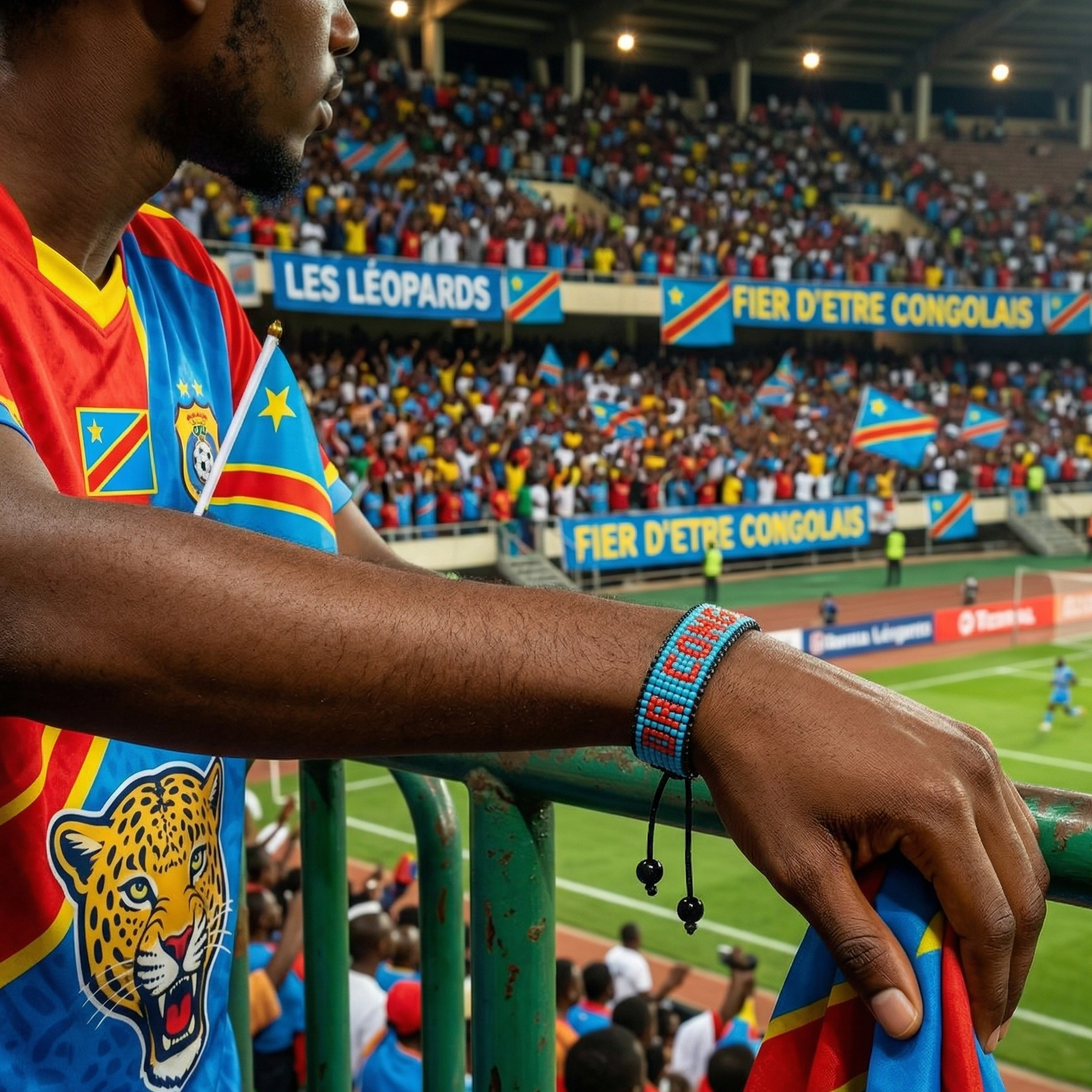 Bracelet drapeau perlé Coupe du Monde 2026 RD Congo – Fait main et ajustable