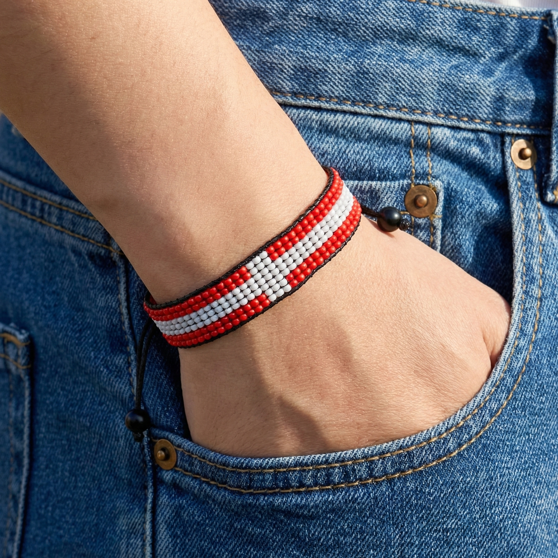 Denmark Flag Bracelet: Handmade Adjustable Beaded Wristband
