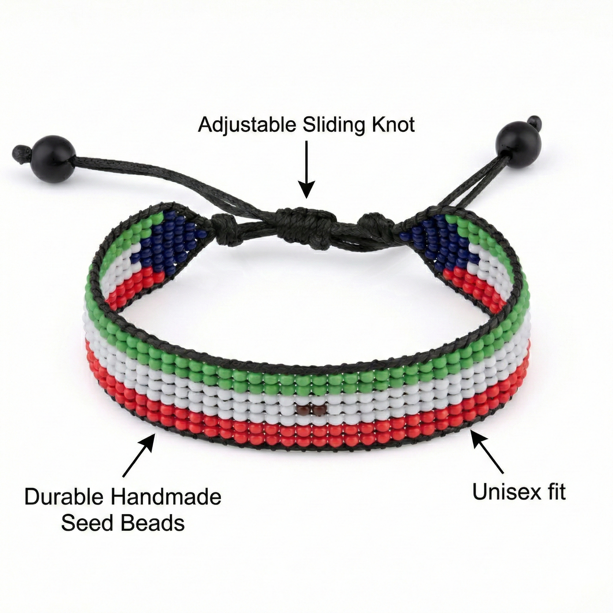 Equatorial Guinea Flag Bracelet:  Handmade Adjustable Beaded Wristband