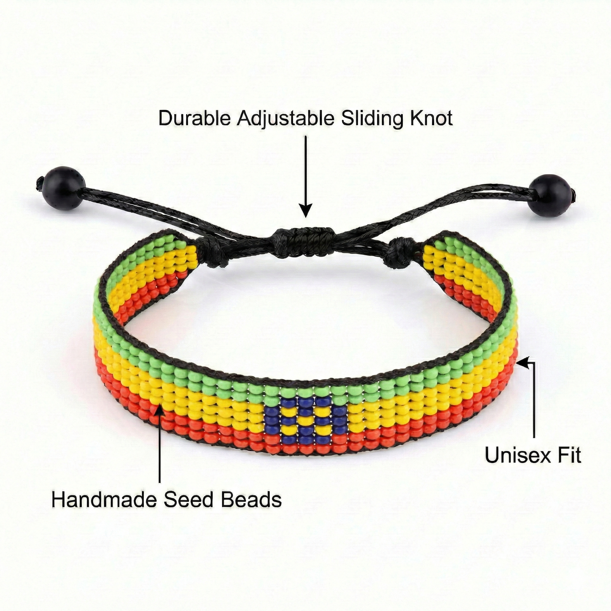 Ethiopia Flag Bracelet: Handmade Bracelet, Adjustable Beaded Wristband
