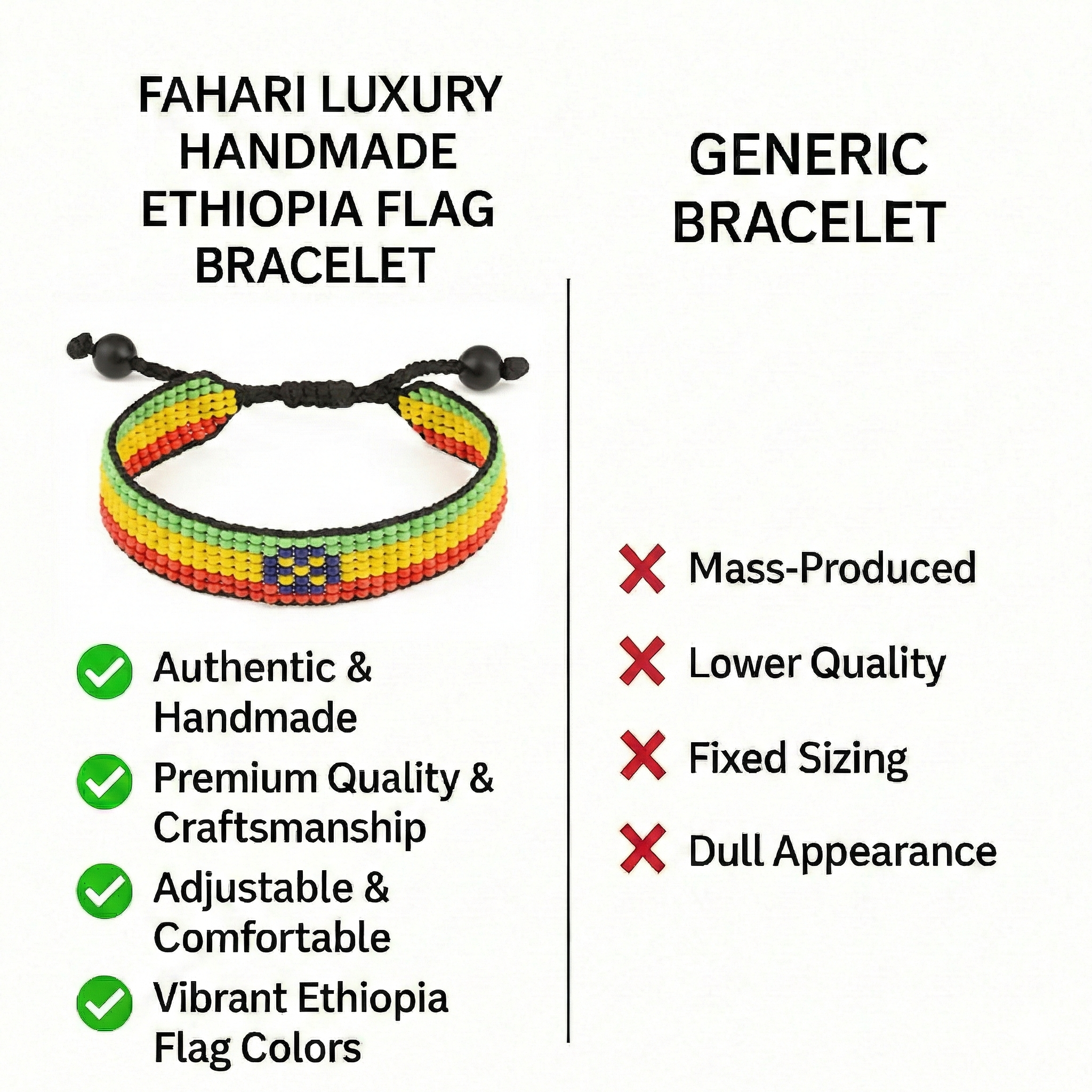 Bracelet drapeau d'Éthiopie : Bracelet fait main, bracelet ajustable en perles