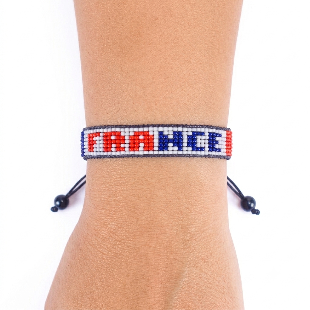 Bracelet drapeau perlé France Coupe du Monde 2026 – Fait main et ajustable