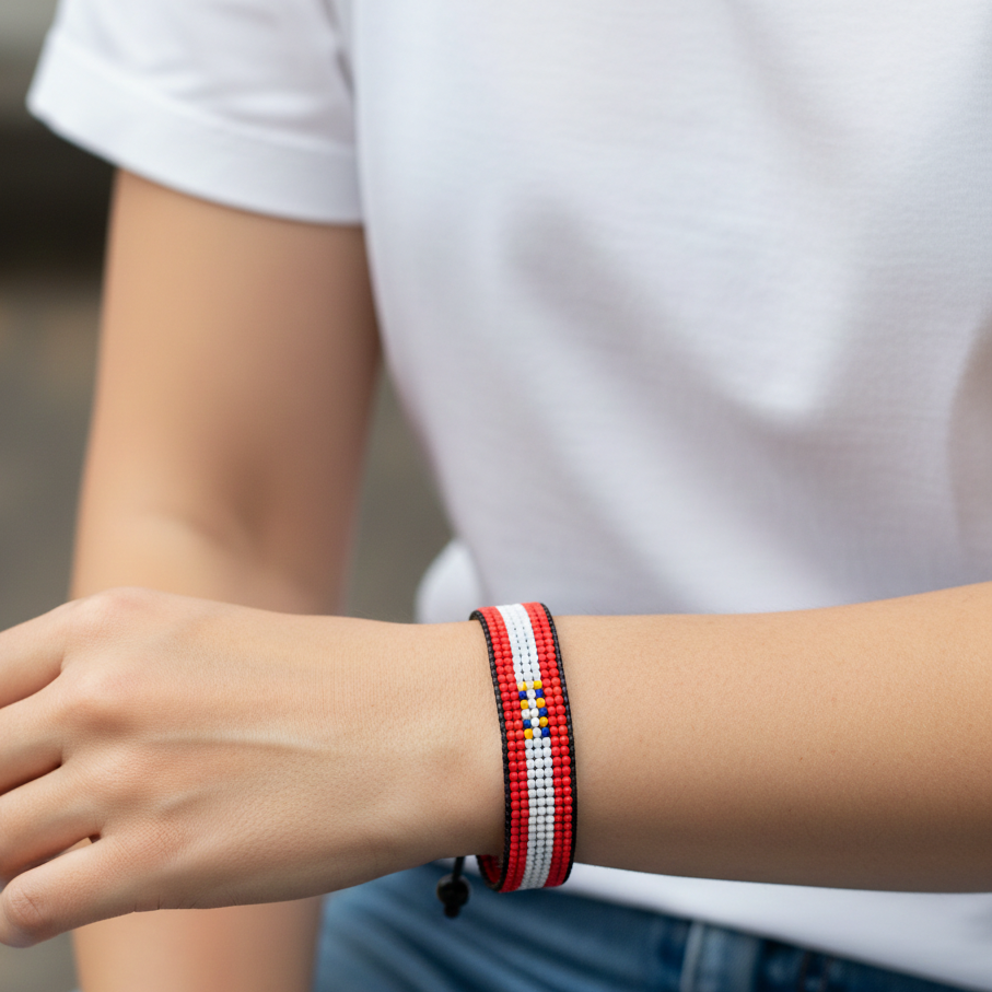 French Polynesia Flag Bracelet: Handmade Bracelet, Adjustable Beaded Wristband