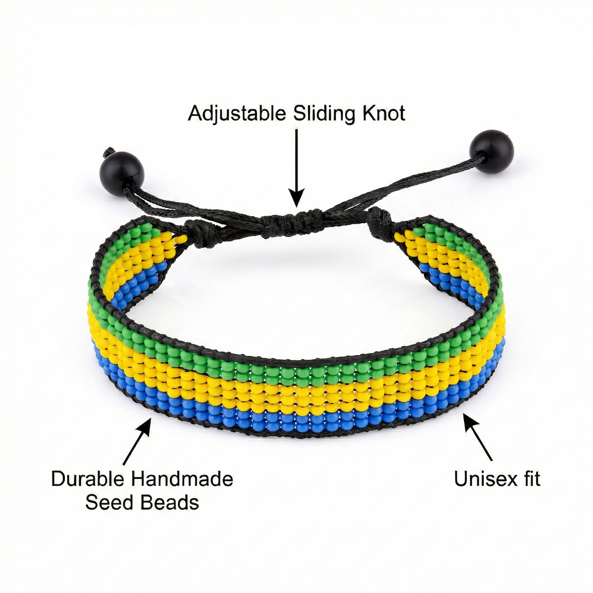 Gabon Flag Bracelet: Handmade Bracelet, Adjustable Beaded Wristband