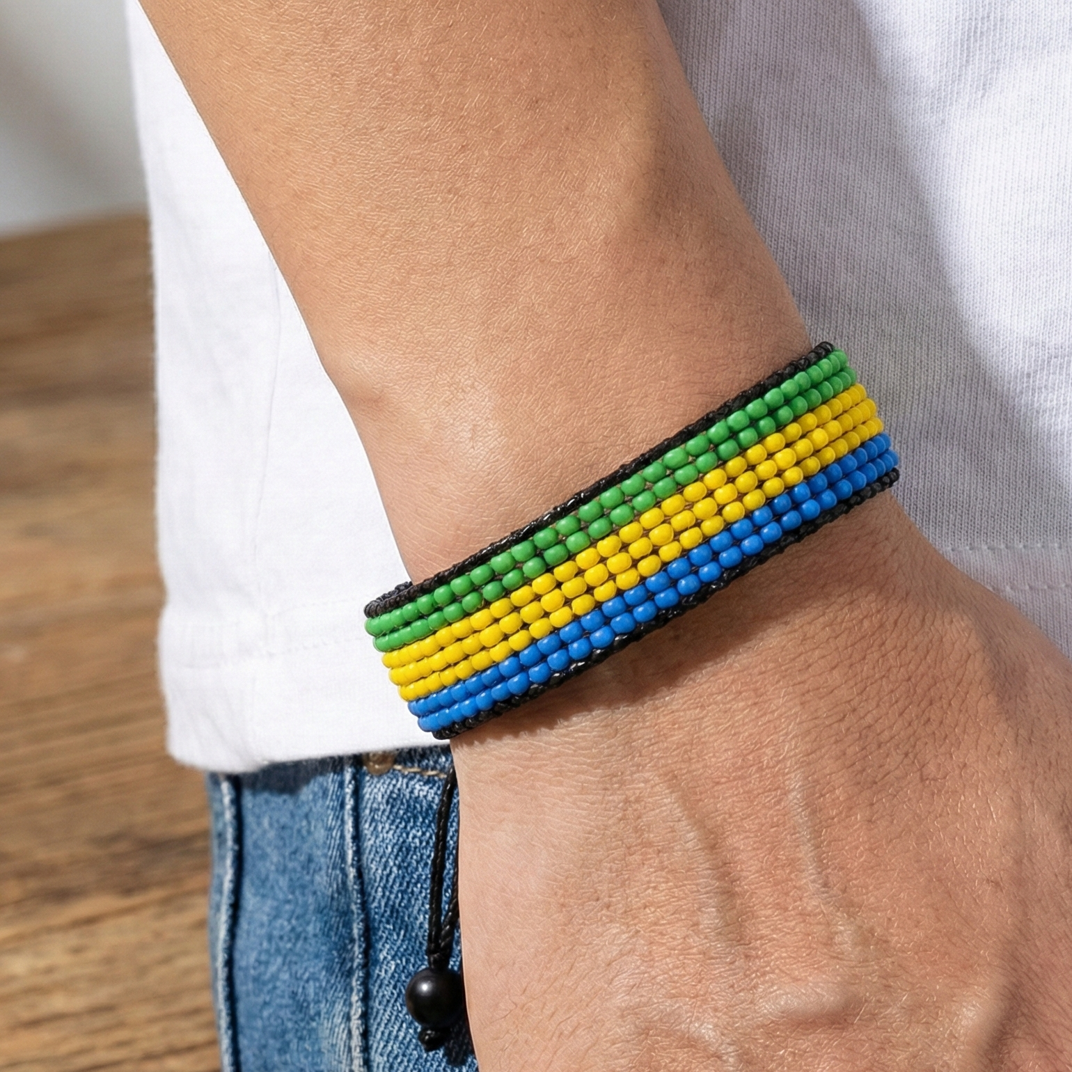 Bracelet drapeau du Gabon : Bracelet fait main, bracelet ajustable en perles