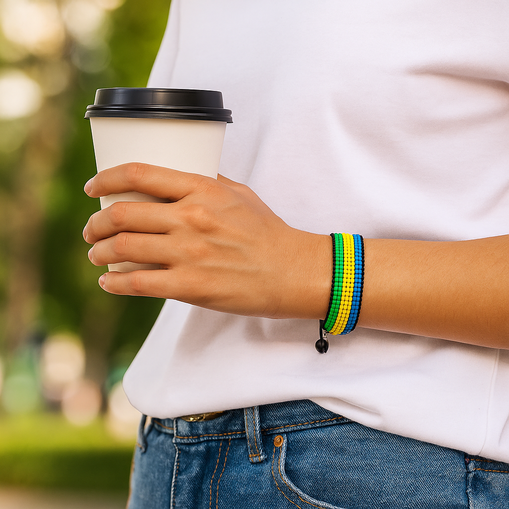 Bracelet drapeau du Gabon : Bracelet fait main, bracelet ajustable en perles