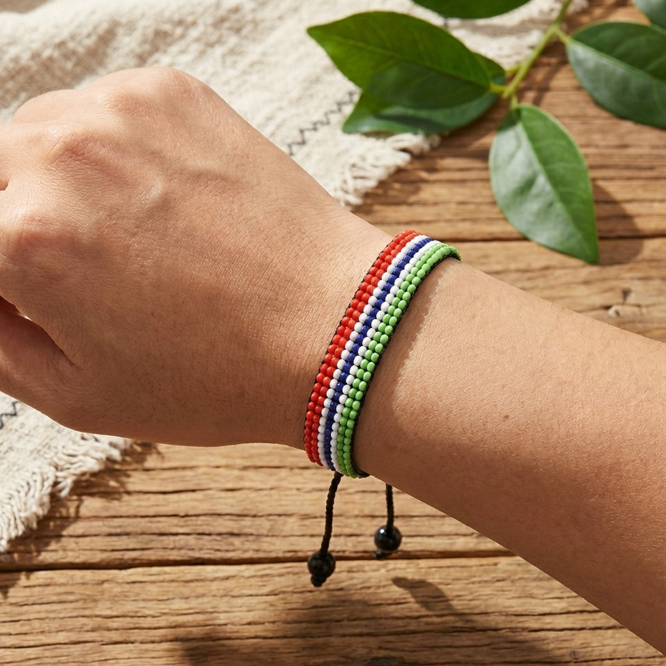 Gambia Flag Bracelet: Handmade Bracelet, Adjustable Beaded Wristband
