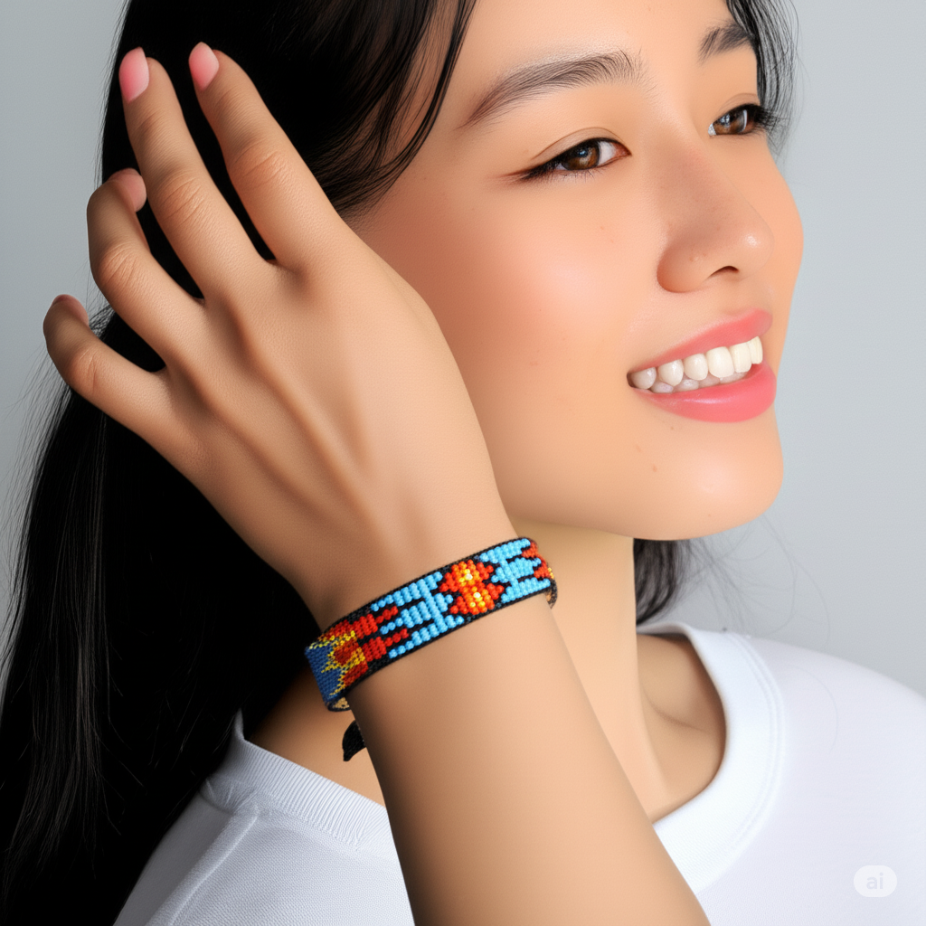 Bracelet perlé d'inspiration amérindienne – Motif tribal ajustable fait main