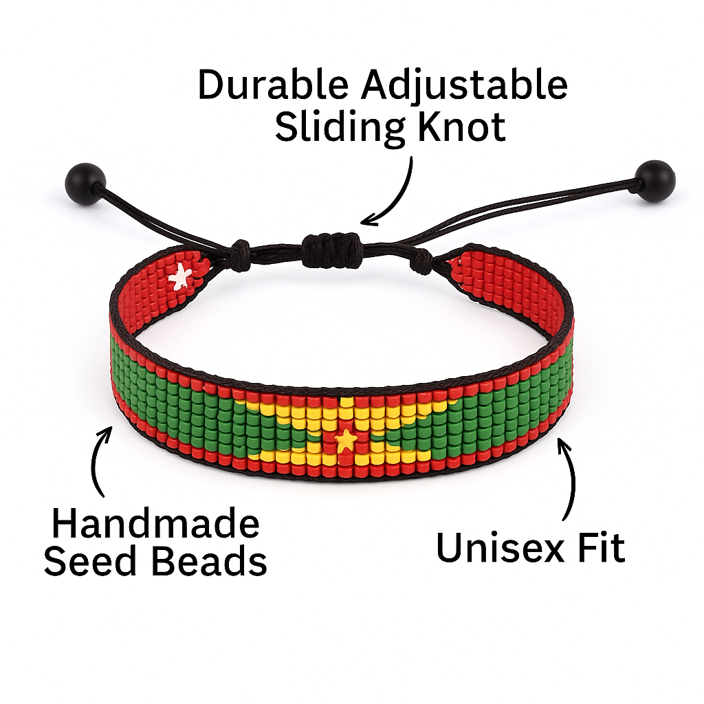 Grenada Flag Bracelet: Handmade Bracelet, Adjustable Beaded Wristband