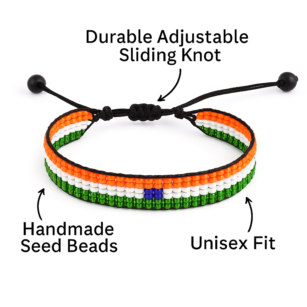 India Flag Bracelet:  Handmade Adjustable Beaded Wristband