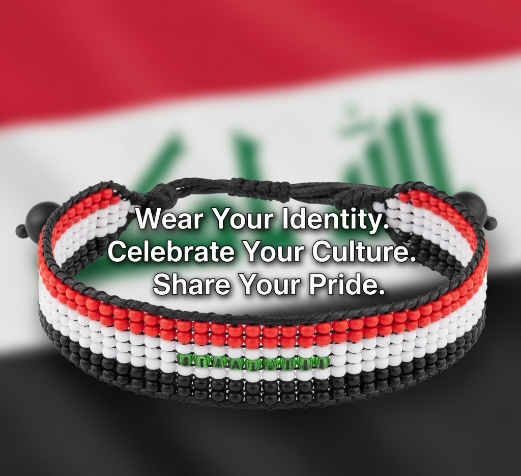 Iraq Flag Bracelet: Handmade, Adjustable Beaded Wristband.