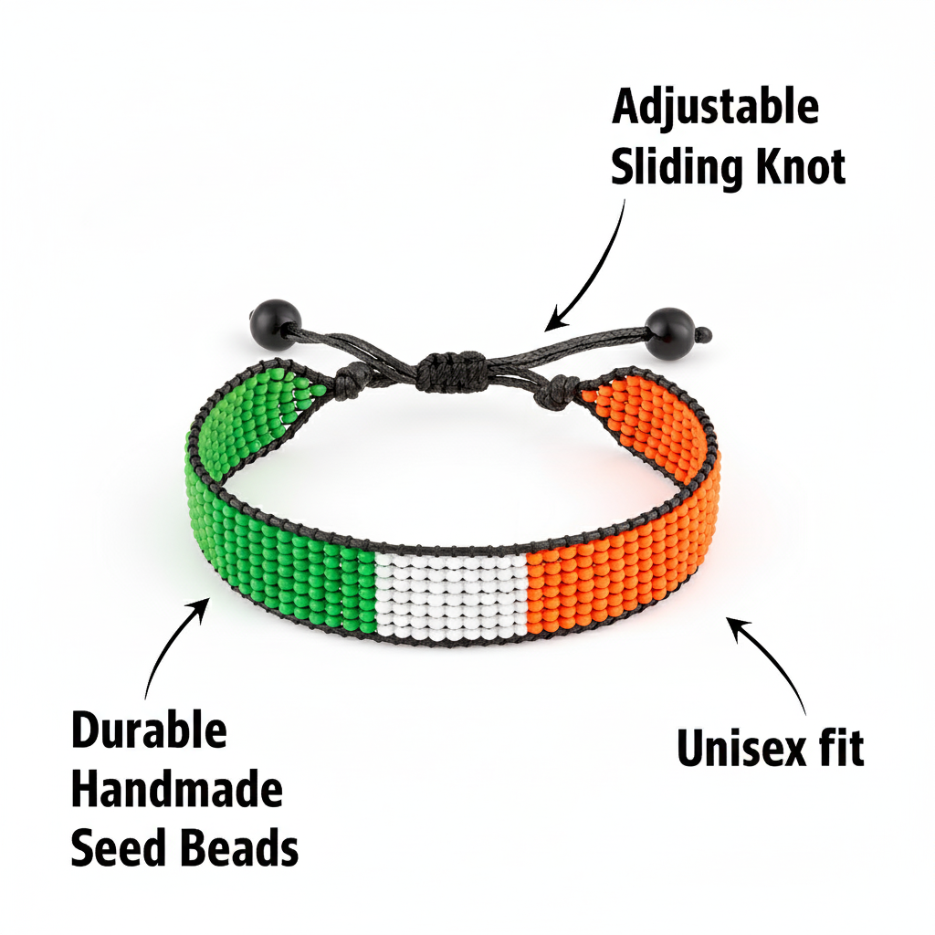Ireland Flag Bracelet: Handmade Bracelet, Adjustable Beaded Wristband