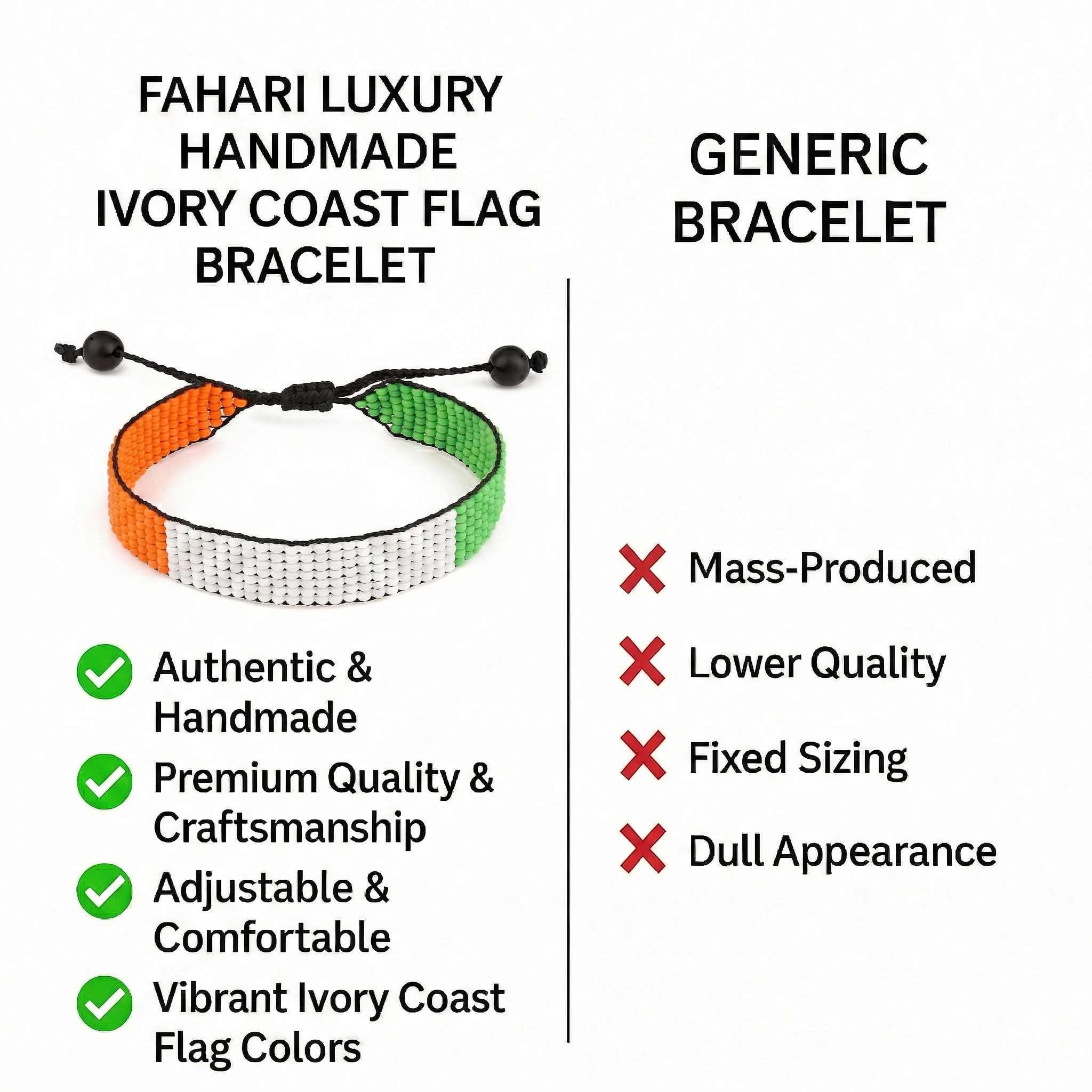 Bracelet drapeau Côte d'Ivoire : Bracelet fait main, jonc réglable en perles style bohème avec motif patriotique