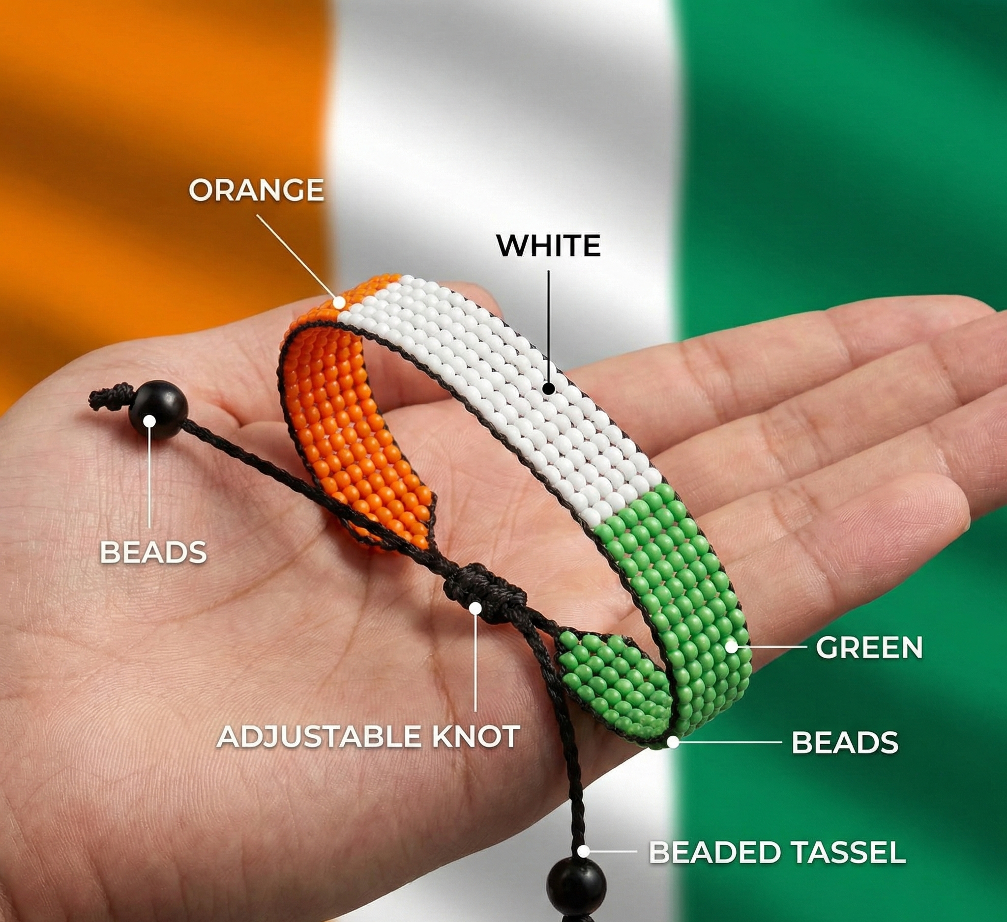 Bracelet drapeau Côte d'Ivoire : Bracelet fait main, jonc réglable en perles style bohème avec motif patriotique
