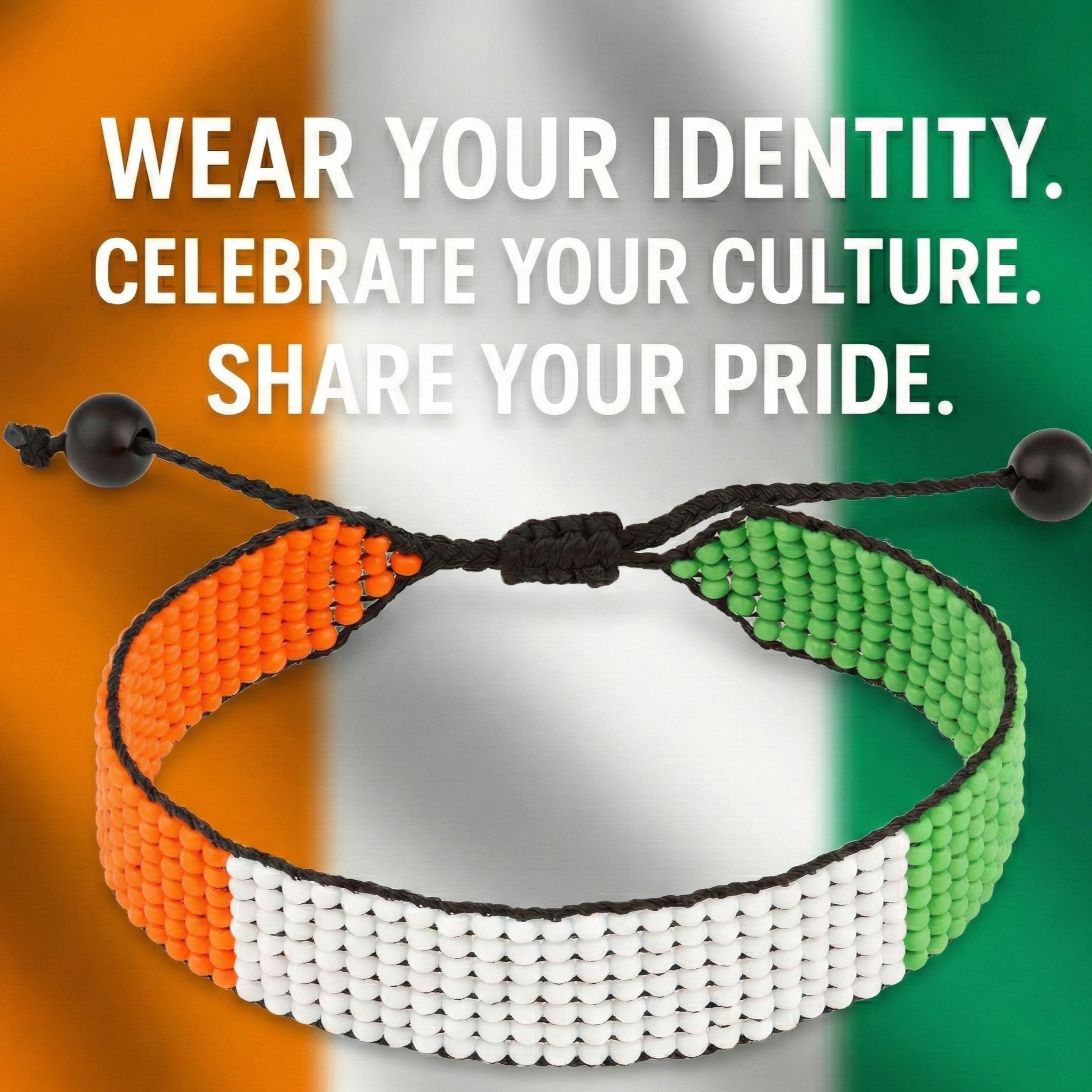 Bracelet drapeau Côte d'Ivoire : Bracelet fait main, jonc réglable en perles style bohème avec motif patriotique