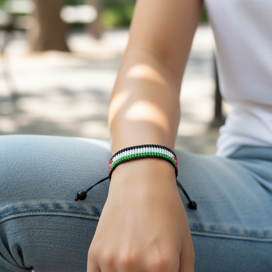 Jordanien Flaggenarmband: Handgefertigtes, verstellbares Armband im Boho-Stil