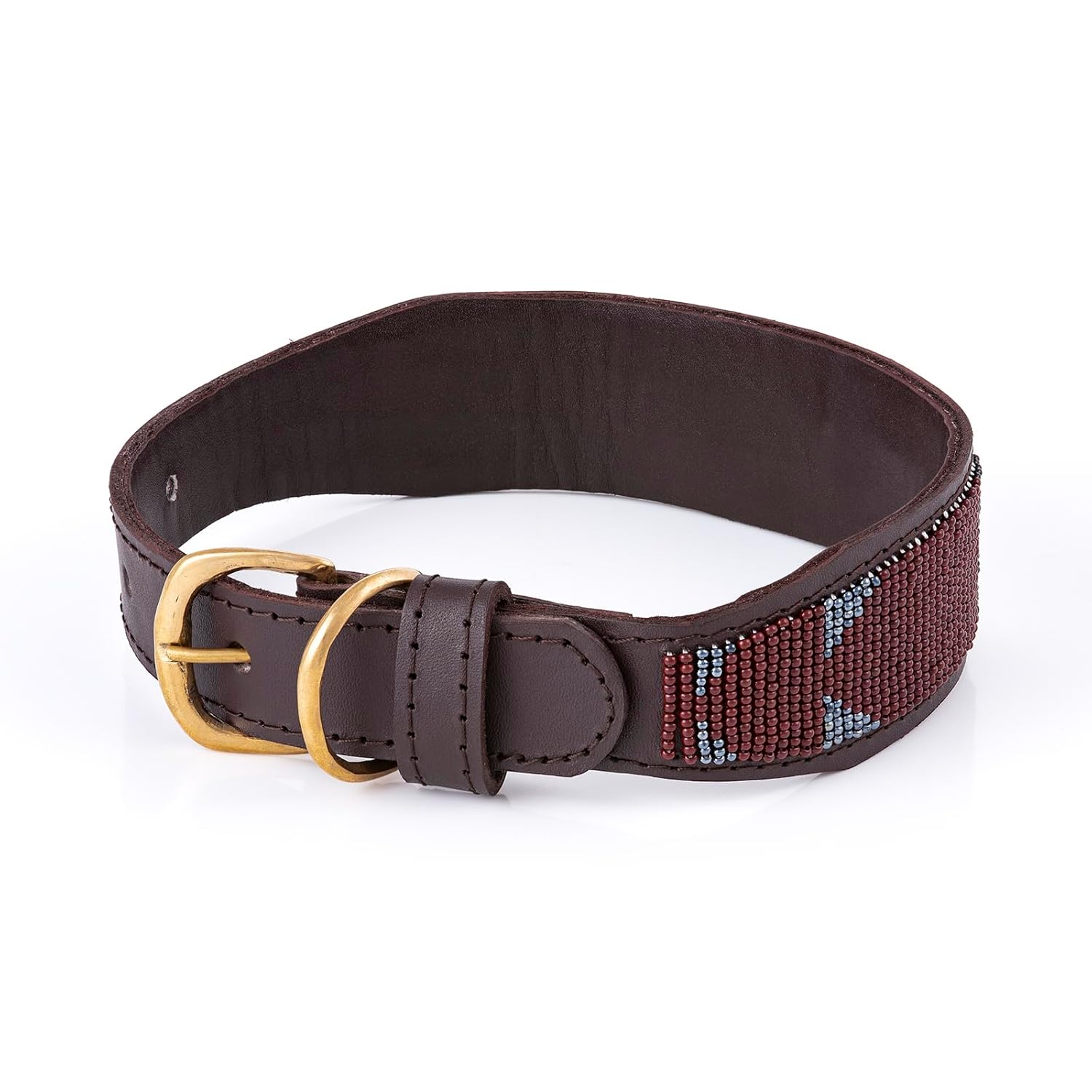 Handgefertigtes, mit Perlen besetztes Leder-Hundehalsband für große Rassen – Stark & Stilvoll – Passt für 40-50 cm Halsumfang (Kahawia)