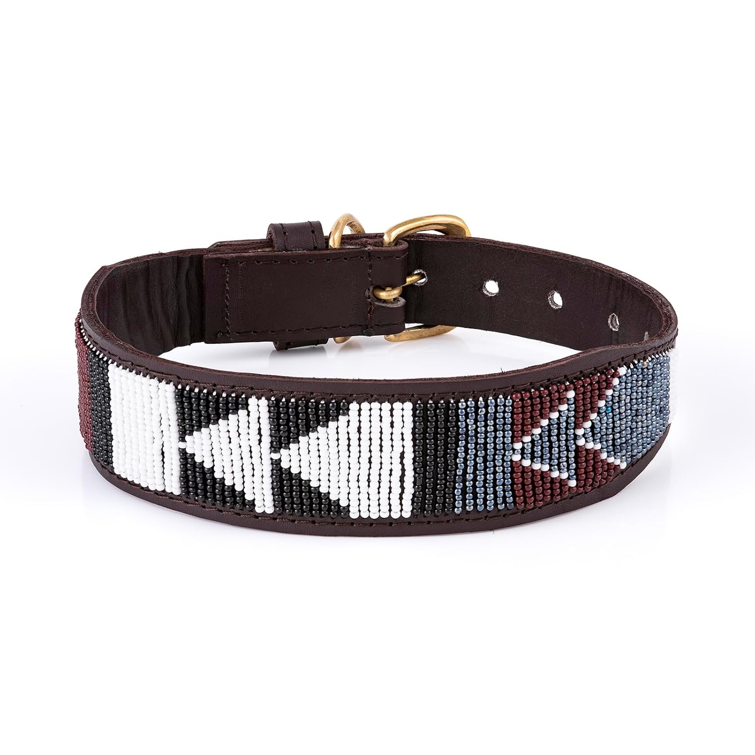 Handgefertigtes, mit Perlen besetztes Leder-Hundehalsband für große Rassen – Stark & Stilvoll – Passt für 40-50 cm Halsumfang (Kahawia)