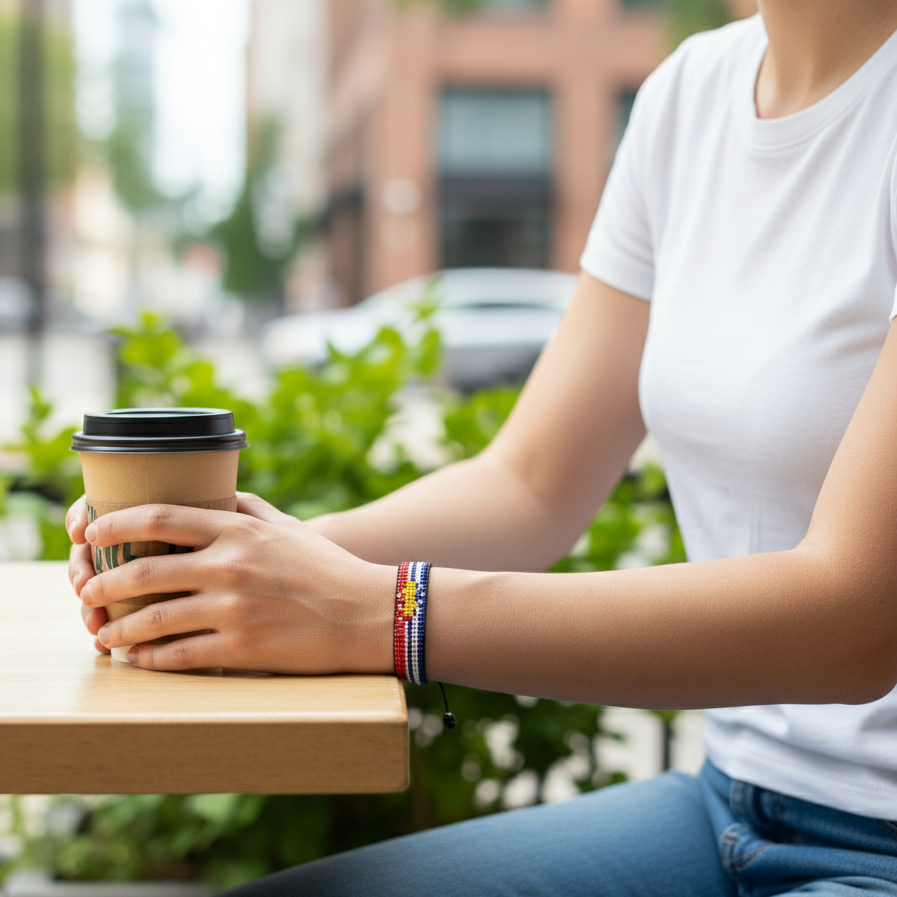 Bracelet drapeau de Kiribati : Bracelet ajustable fait main avec perles