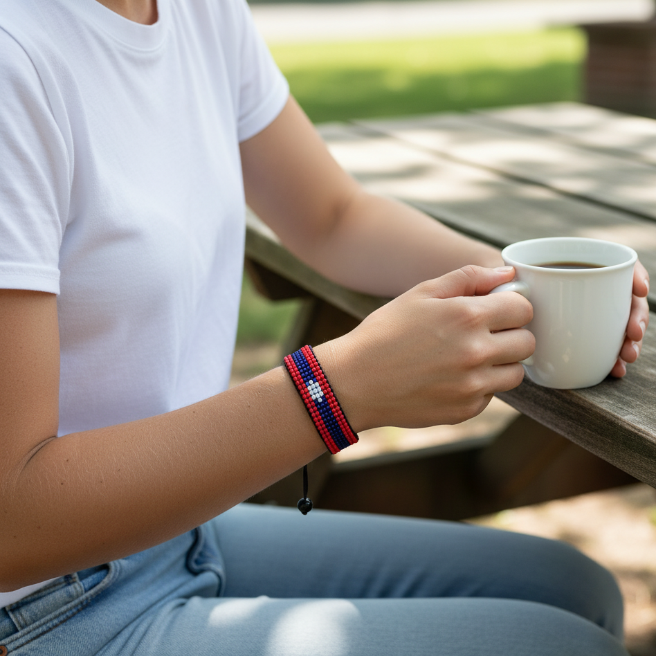 Bracelet drapeau du Laos (RDPL) : Bijou unisexe bohème réglable et fait main