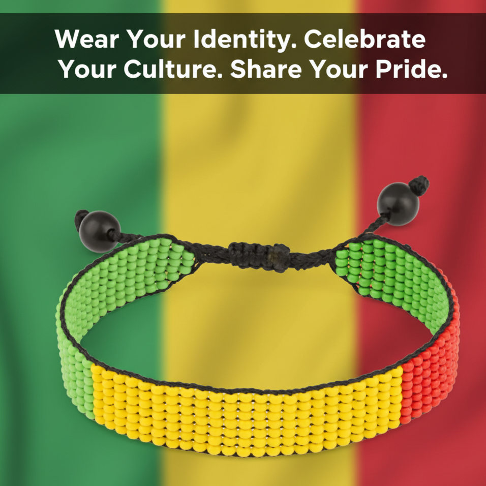 Bracelet drapeau du Mali : Bracelet bohème ajustable fait à la main avec motif patriotique