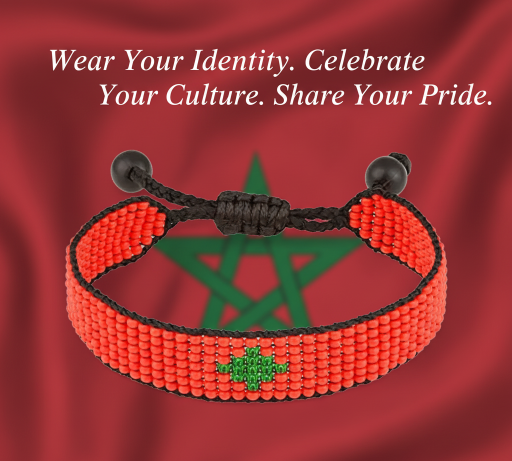 Bracelet drapeau du Maroc : Bracelet cordon perlé fait main, réglable, style bohème, avec motif patriotique