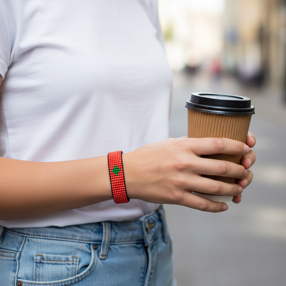 Bracelet drapeau du Maroc : Bracelet cordon perlé fait main, réglable, style bohème, avec motif patriotique