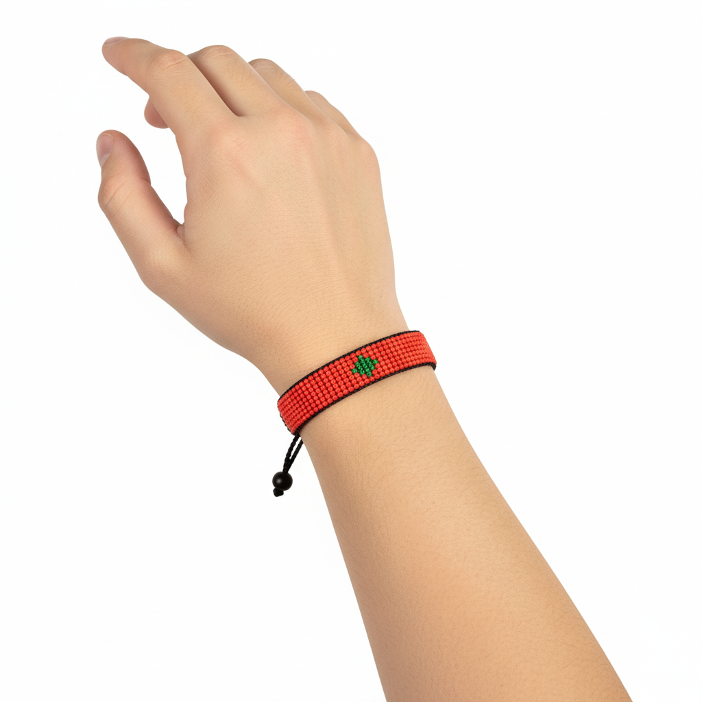 Bracelet drapeau du Maroc : Bracelet cordon perlé fait main, réglable, style bohème, avec motif patriotique